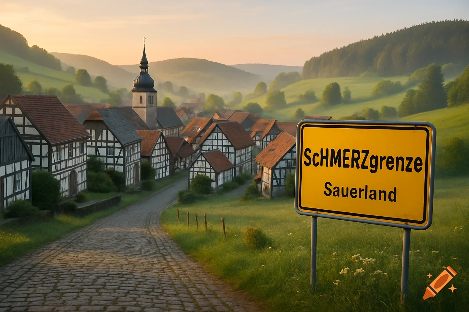 Photorealistic image of a quaint German village in Sauerland during a misty sunrise, with a yellow town sign reading "SCHMERZgrenze Sauerland" in the foreground.