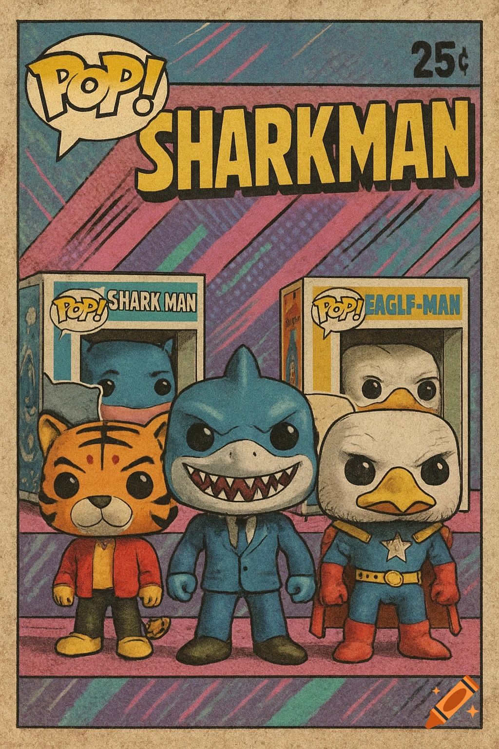 Vintage comic book cover featuring three Funko Pop superhero figures: Shark-Man, Tiger-Man, and Eagle-Man, in front of their respective boxes, with a retro 80s background.