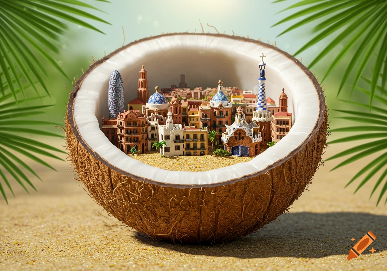 A miniature city with Barcelona-esque architecture nestled inside a half-cut coconut shell on a sandy beach, with palm leaves.