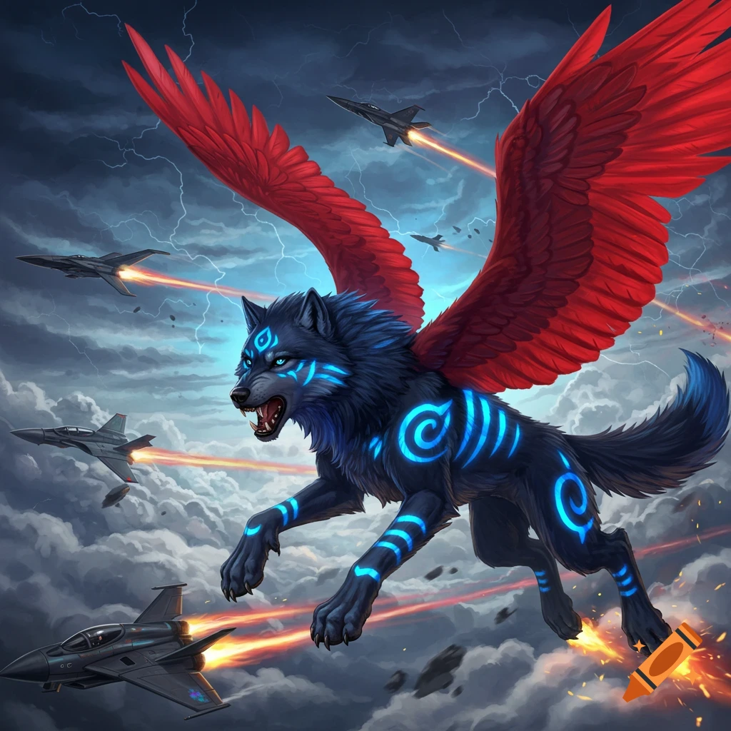 A dark blue wolf with glowing blue patterns and large red wings flies through a stormy sky, engaging multiple fighter jets with orange exhaust trails.
