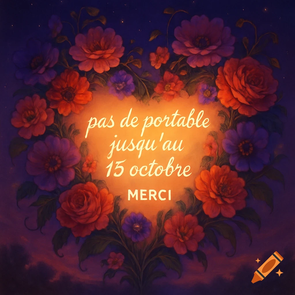 A glowing heart-shaped floral arrangement with red, purple, and orange flowers, displaying French text: 'pas de portable jusqu'au 15 octobre MERCI'.