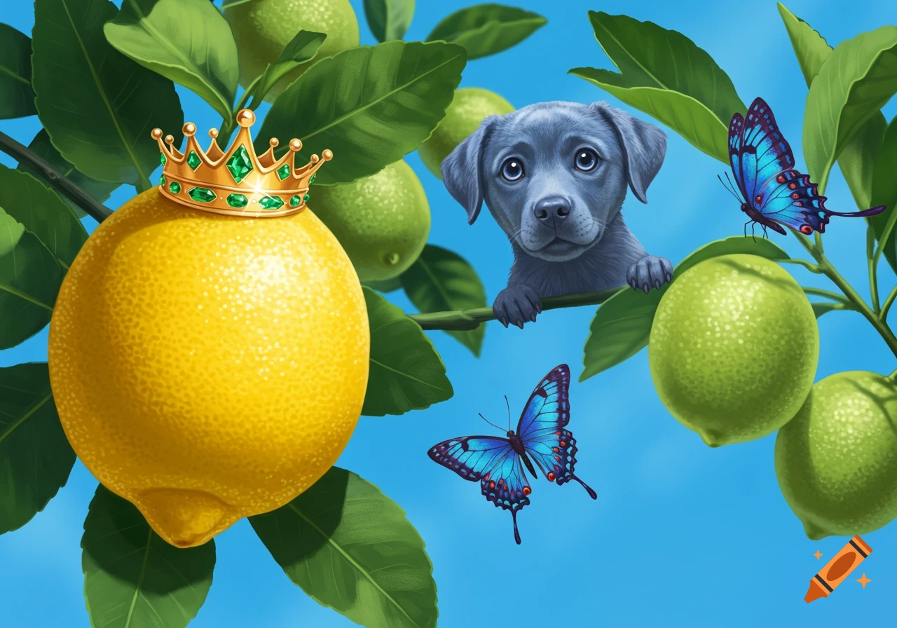 A whimsical scene with a crowned lemon, a blue puppy peeking from a branch with limes, and two blue butterflies against a clear blue sky.