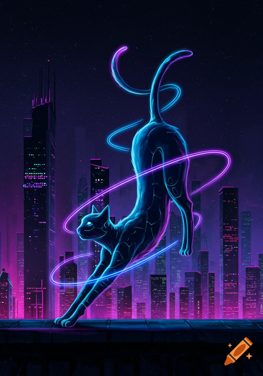 A glowing neon cat stretches against a dark cyberpunk cityscape at night.