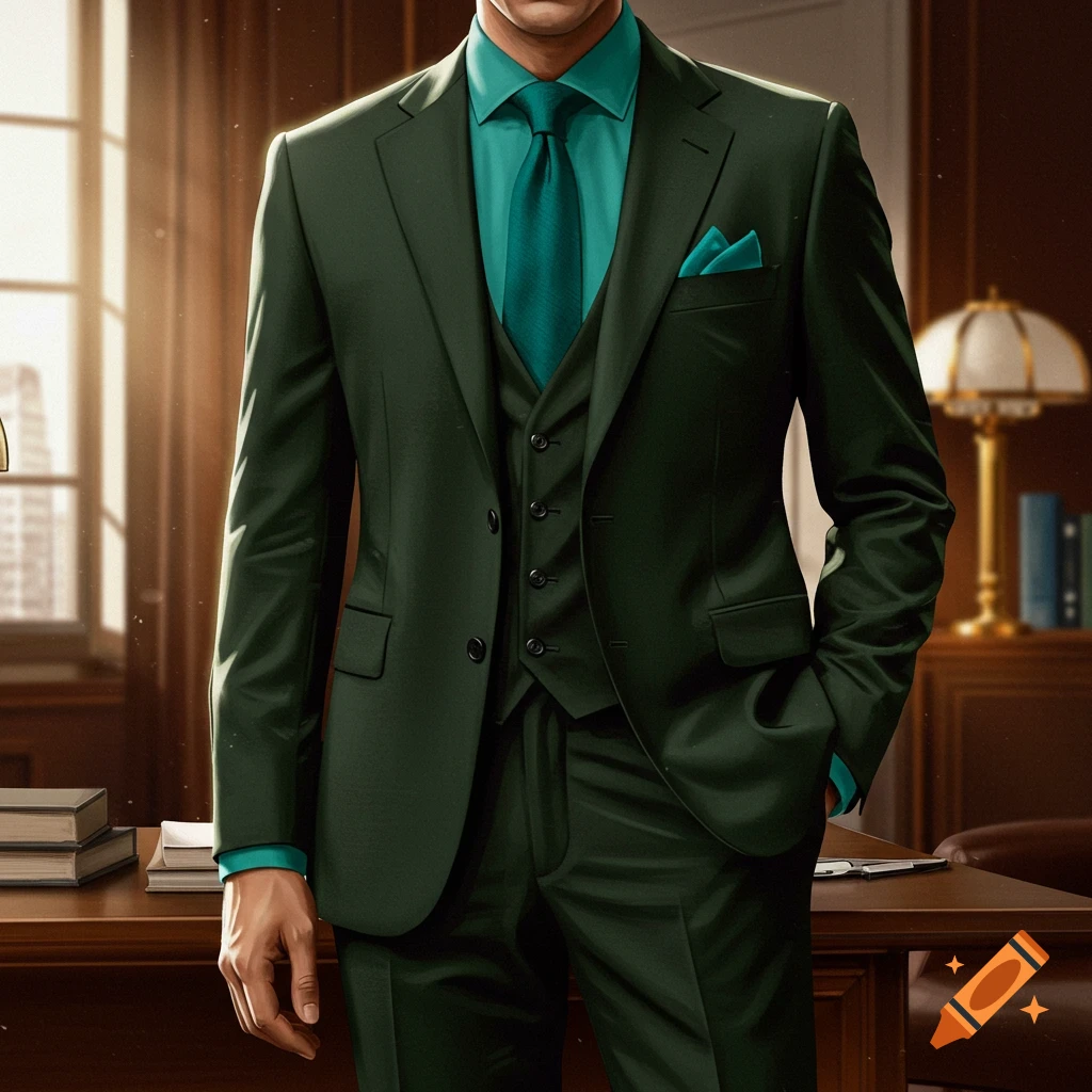 Photorealistic image of a man in a dark green three-piece suit, teal dress shirt, and teal tie, standing in an elegant office.