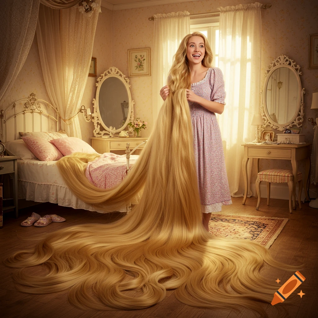 A young woman in a bedroom excitedly holds her super long blonde hair, which piles on the floor and bed, photorealistic.