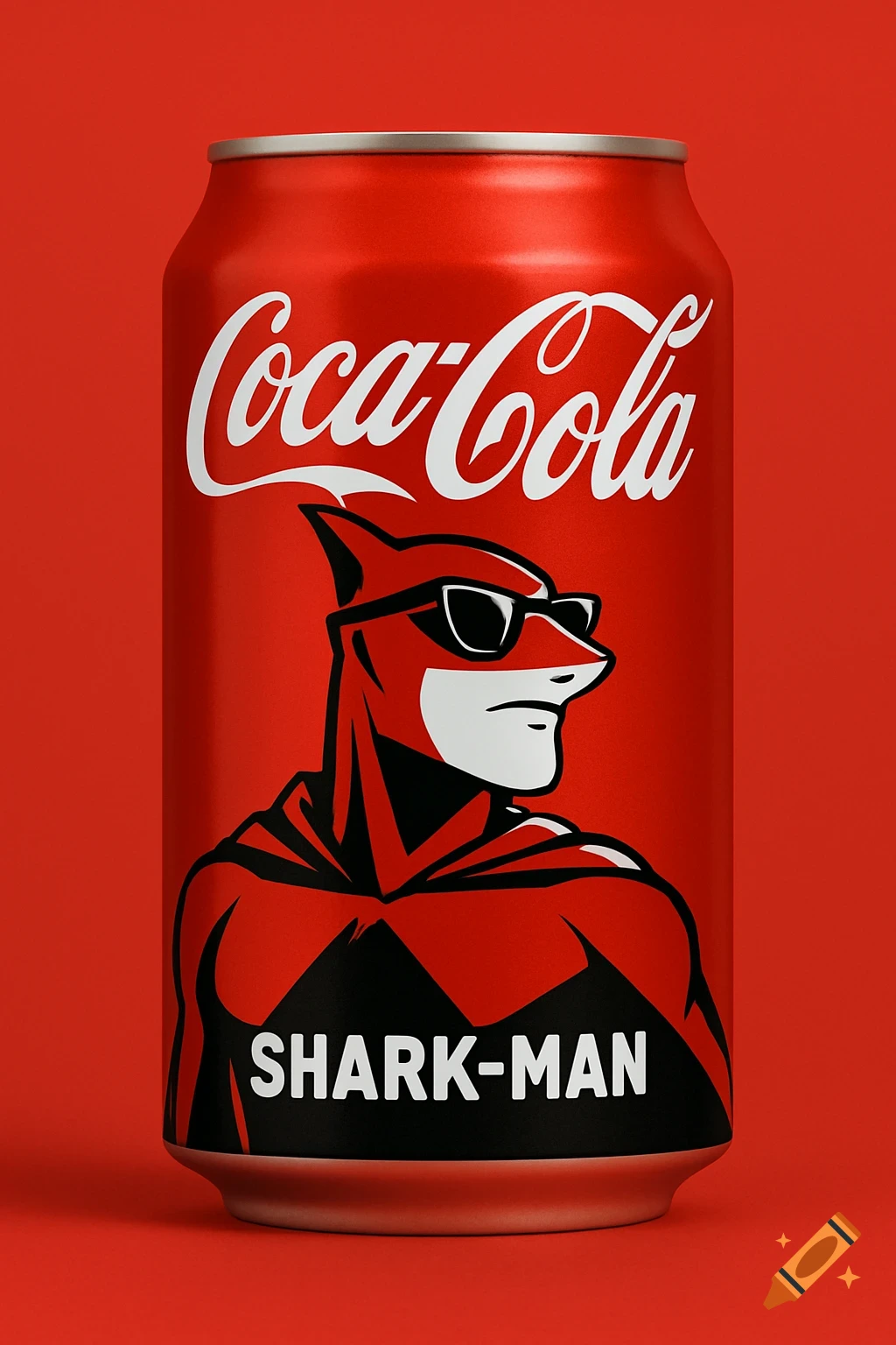 Red Coca-Cola can with a white and black illustration of a shark superhero in sunglasses, labeled 'SHARK-MAN'.