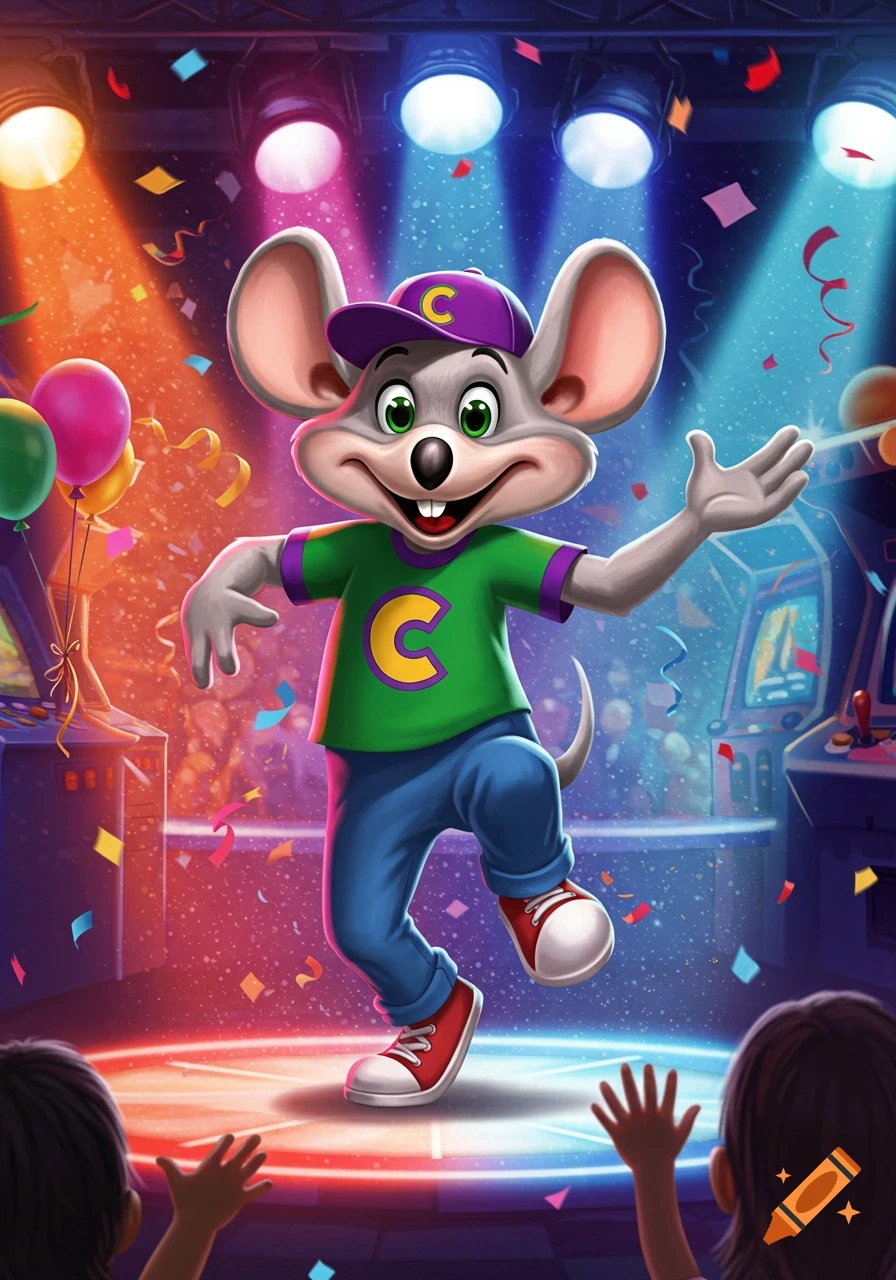 Chuck E. Cheese, a gray mouse in a green shirt and blue jeans, dances on a lit stage with confetti, balloons, and arcade games.