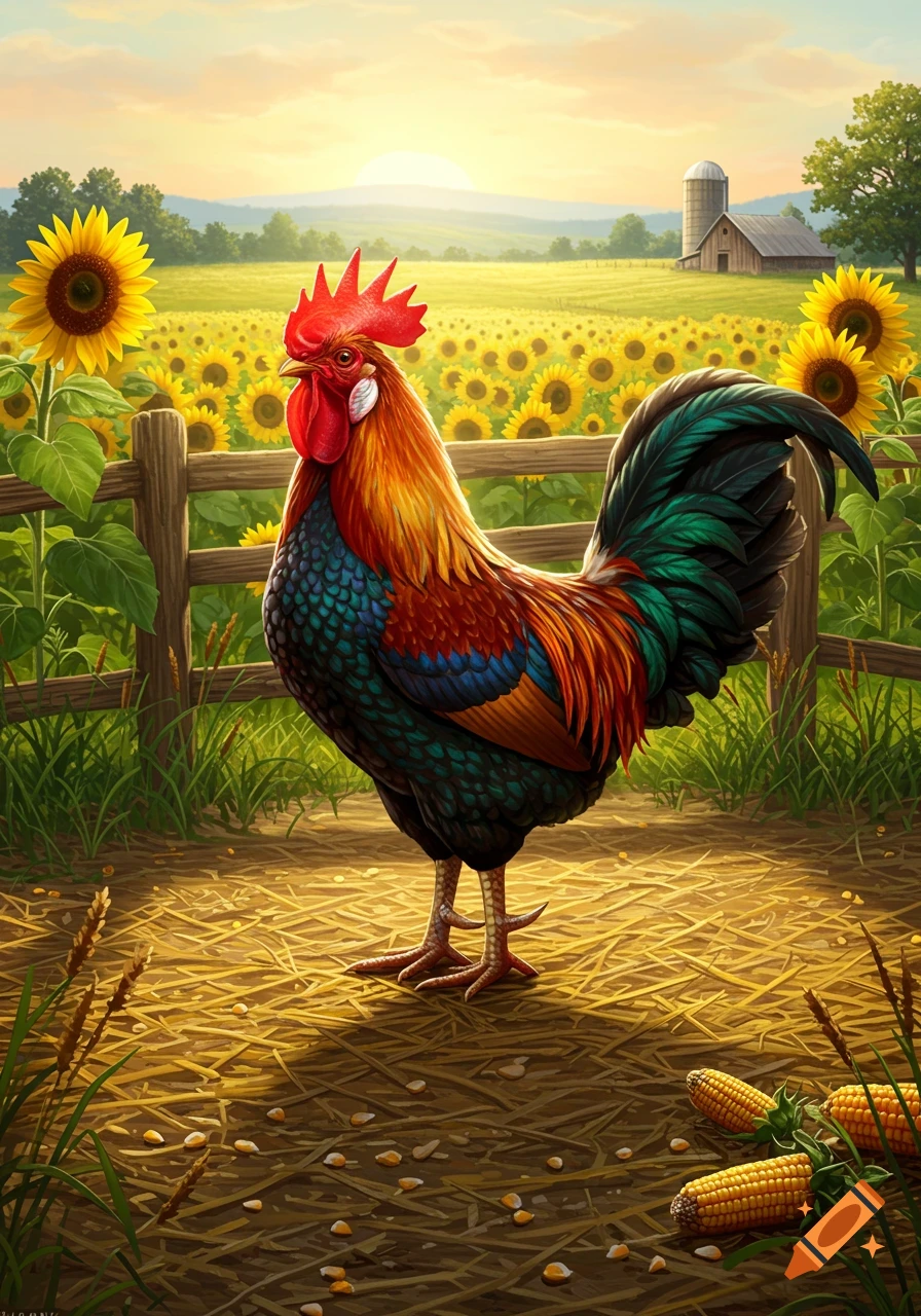 A colorful rooster stands on a straw path in a vibrant sunflower field with a farm and sunrise in the background.