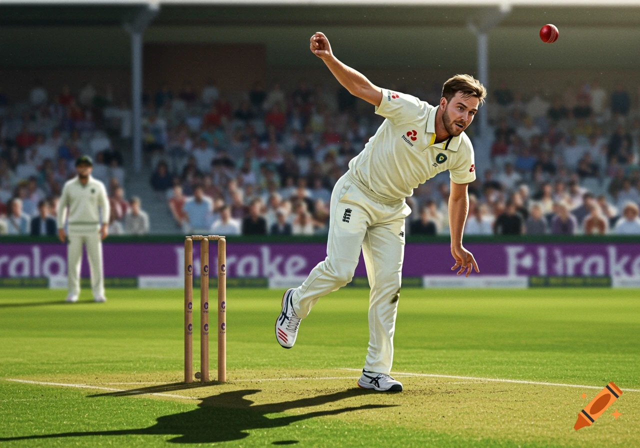 A male cricketer in a white uniform bowls a red ball on a green field in a stadium during a game, with spectators in the blurred background.