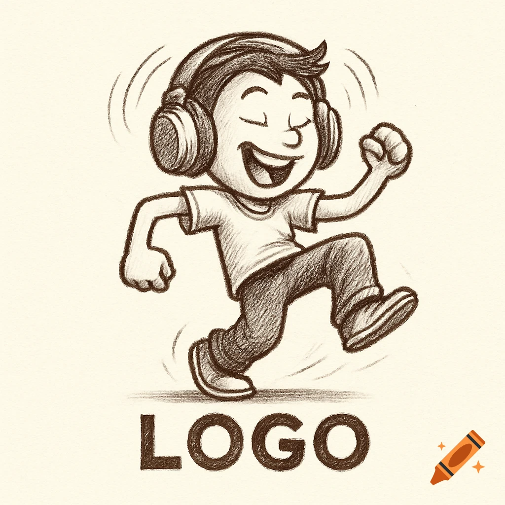 Pencil drawing of a happy cartoon boy with headphones dancing, with the word 'LOGO' below.