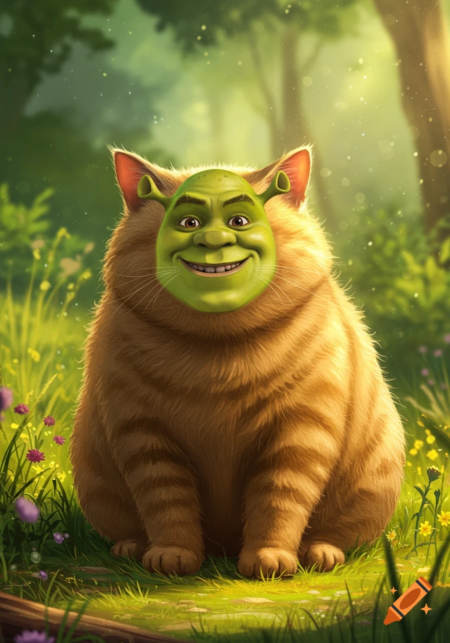 A fluffy orange cat with a smiling Shrek face sits in a sunny green forest with wildflowers.