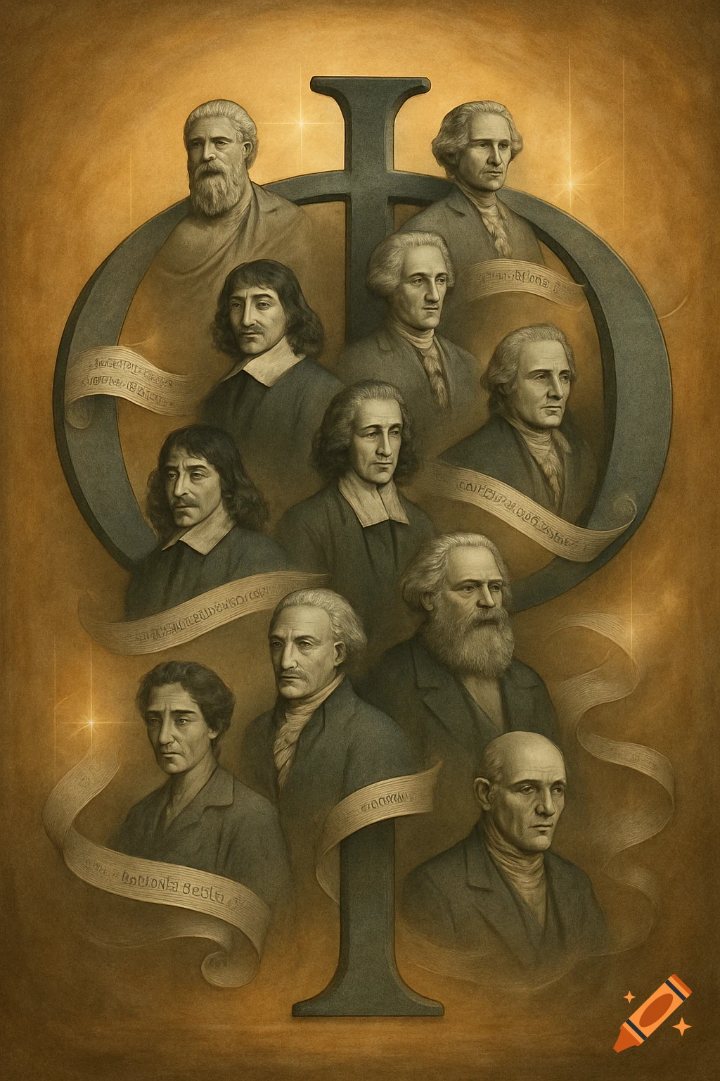 A sepia-toned illustration of ten historical philosophers, including Marx and Descartes, arranged within a large Greek letter Phi, with illegible text on scrolls.