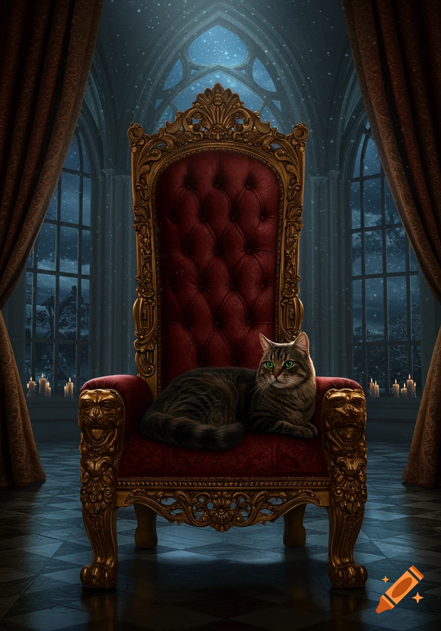 A fluffy tabby cat with vibrant green eyes rests regally on a luxurious red and gold throne in a dimly lit, grand hall with gothic windows.