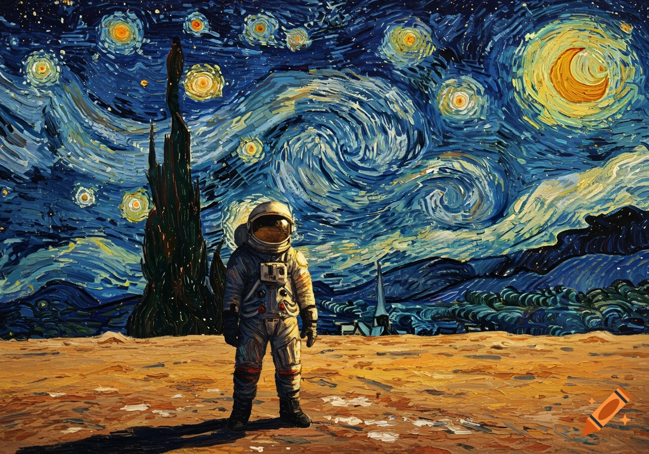 An astronaut stands on a barren, orange-toned landscape under a swirling, starry night sky in the style of Van Gogh.