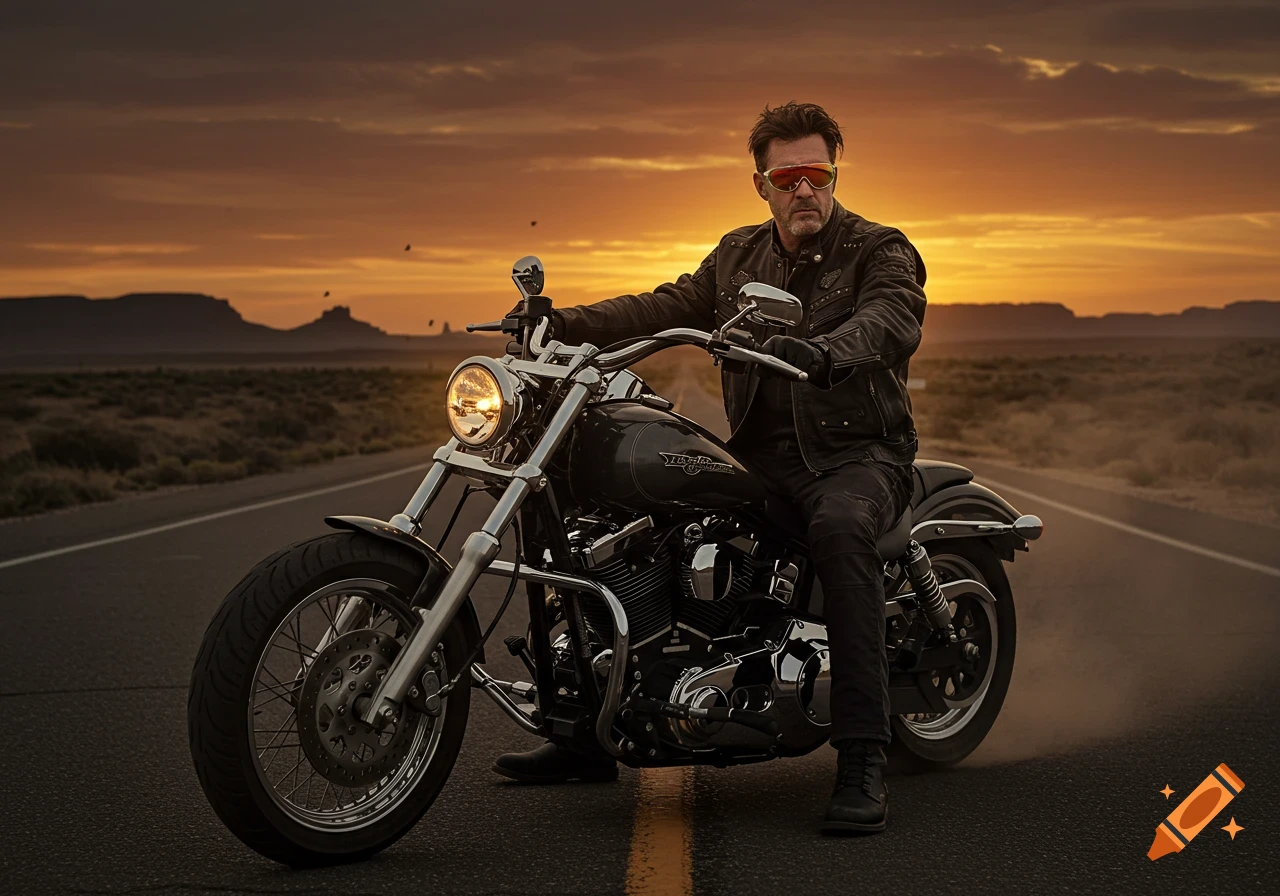 A man in a leather jacket and sunglasses on a motorcycle on a desert road at sunset, photorealistic.