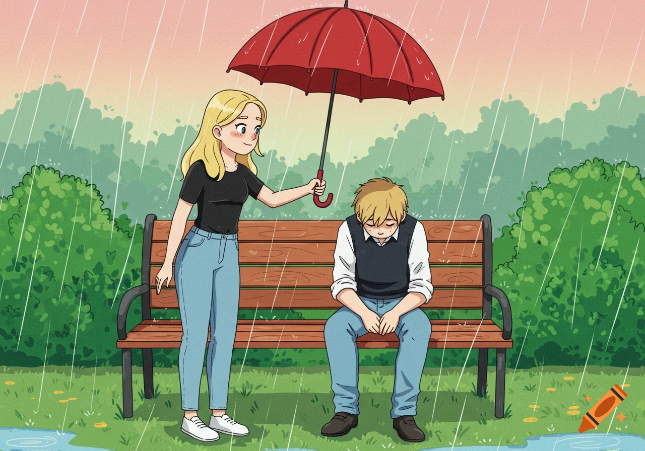 A blonde woman holds a red umbrella over a sad blonde man sitting on a park bench in the rain, in a cartoon style.