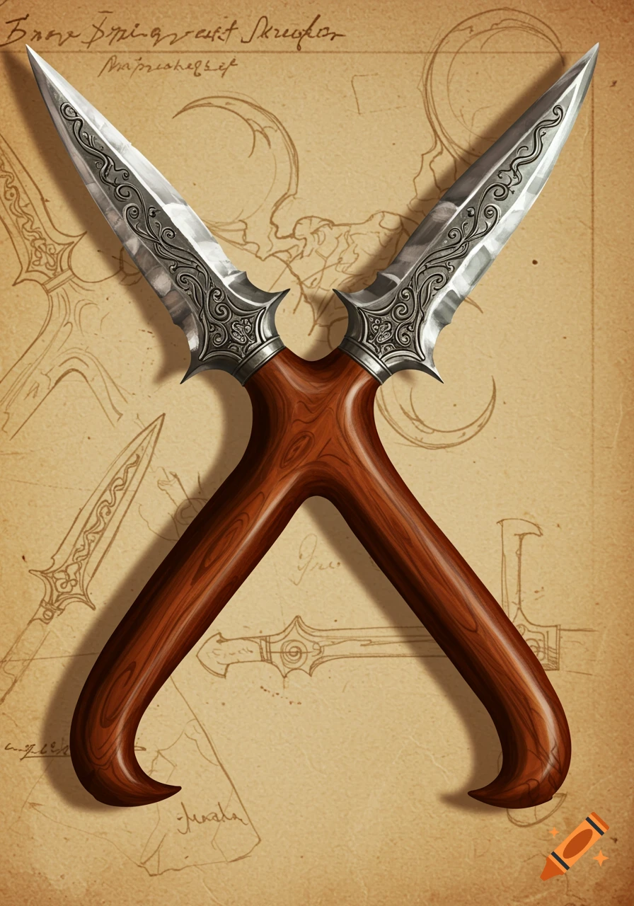 A single throwing weapon with a wooden 'Y'-shaped handle and two ornate blades, on a parchment background with weapon sketches.