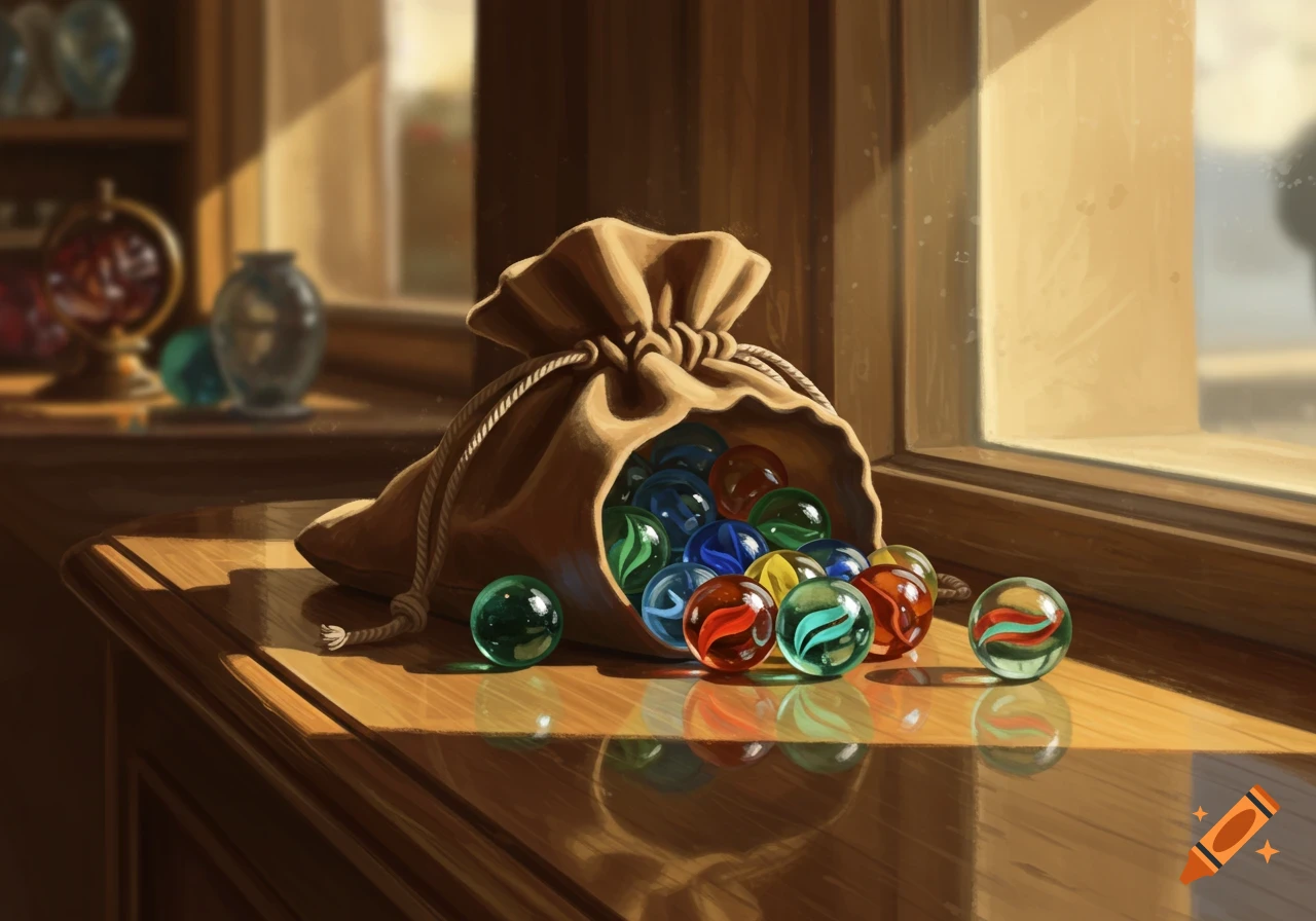 A close-up of a burlap bag spilling colorful glass marbles onto a sunlit wooden counter by a window.