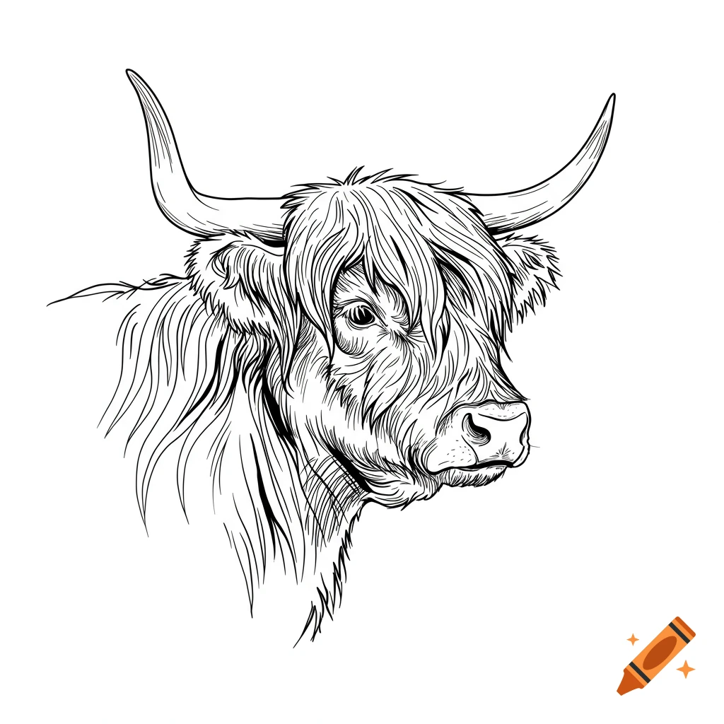 Detailed black and white outline illustration of a Highland cow head with shaggy hair and horns.