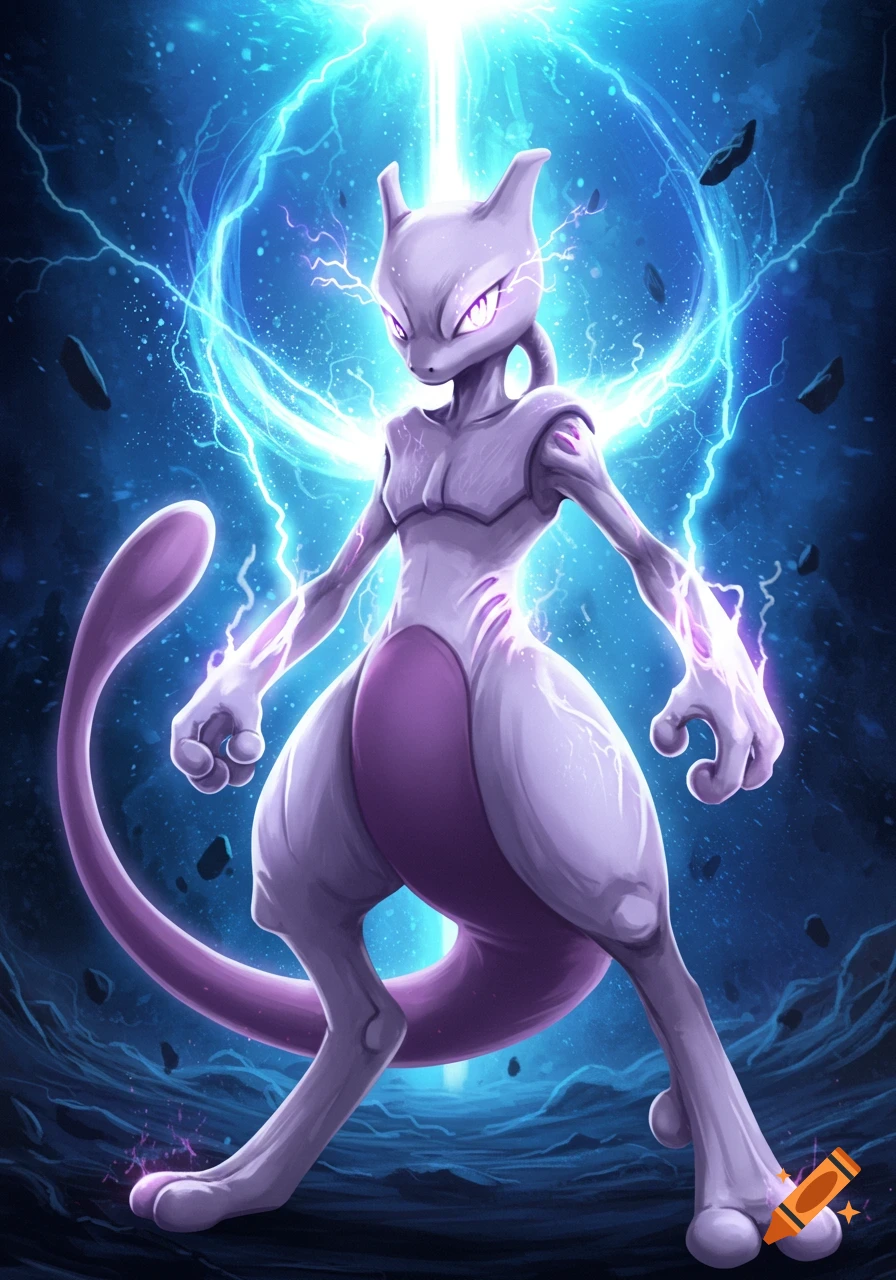Mewtwo, a purple and white Pokémon, stands powerfully with glowing eyes and purple electricity crackling around it, against a dark blue background.