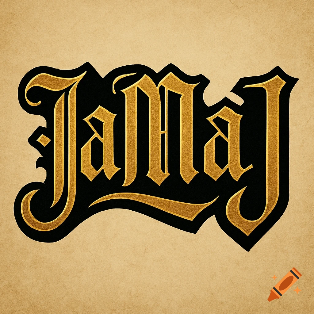 Golden 'JaMaJ' in an Old English font with a black outline on a parchment background.