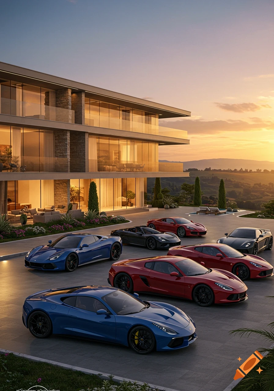 A modern luxury villa at sunset with multiple red and blue sports cars parked on the driveway, overlooking a valley.