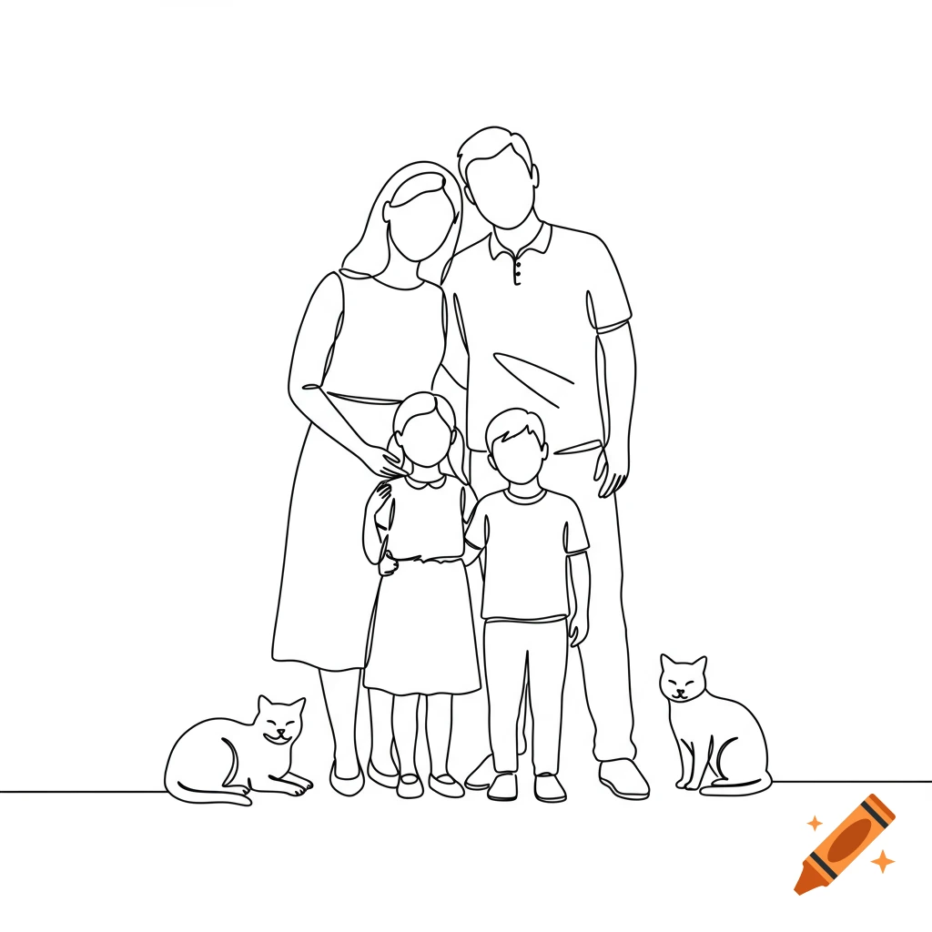 A simple one-line drawing of a family with a man, woman, daughter, and son, accompanied by two cats, on a white background.
