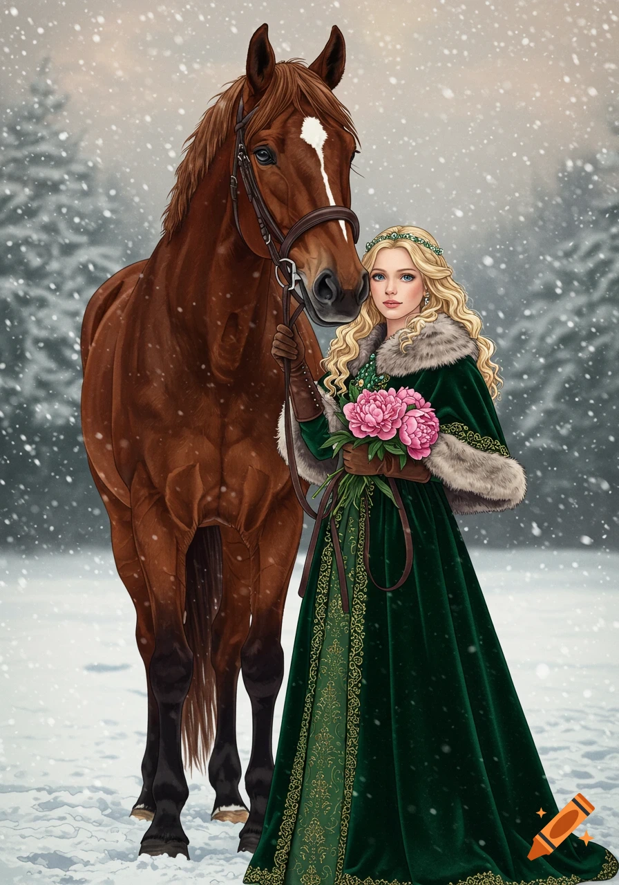 Blonde woman in green velvet gown and fur cape holds horse bridle and pink peonies in snowy winter forest, drawing.