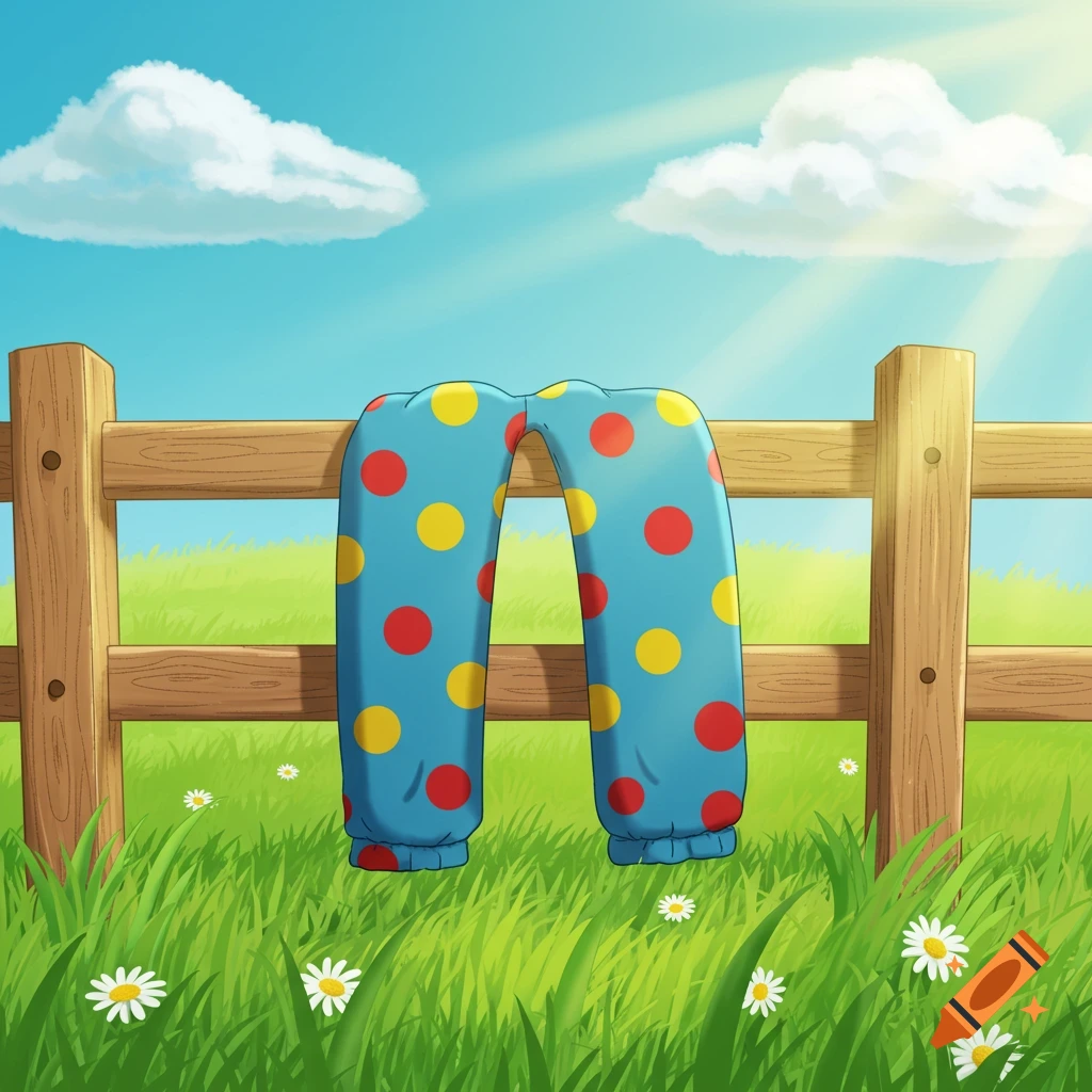 Cartoon style pants with red and yellow polka dots hanging on a wooden fence in a sunny green field with daisies.