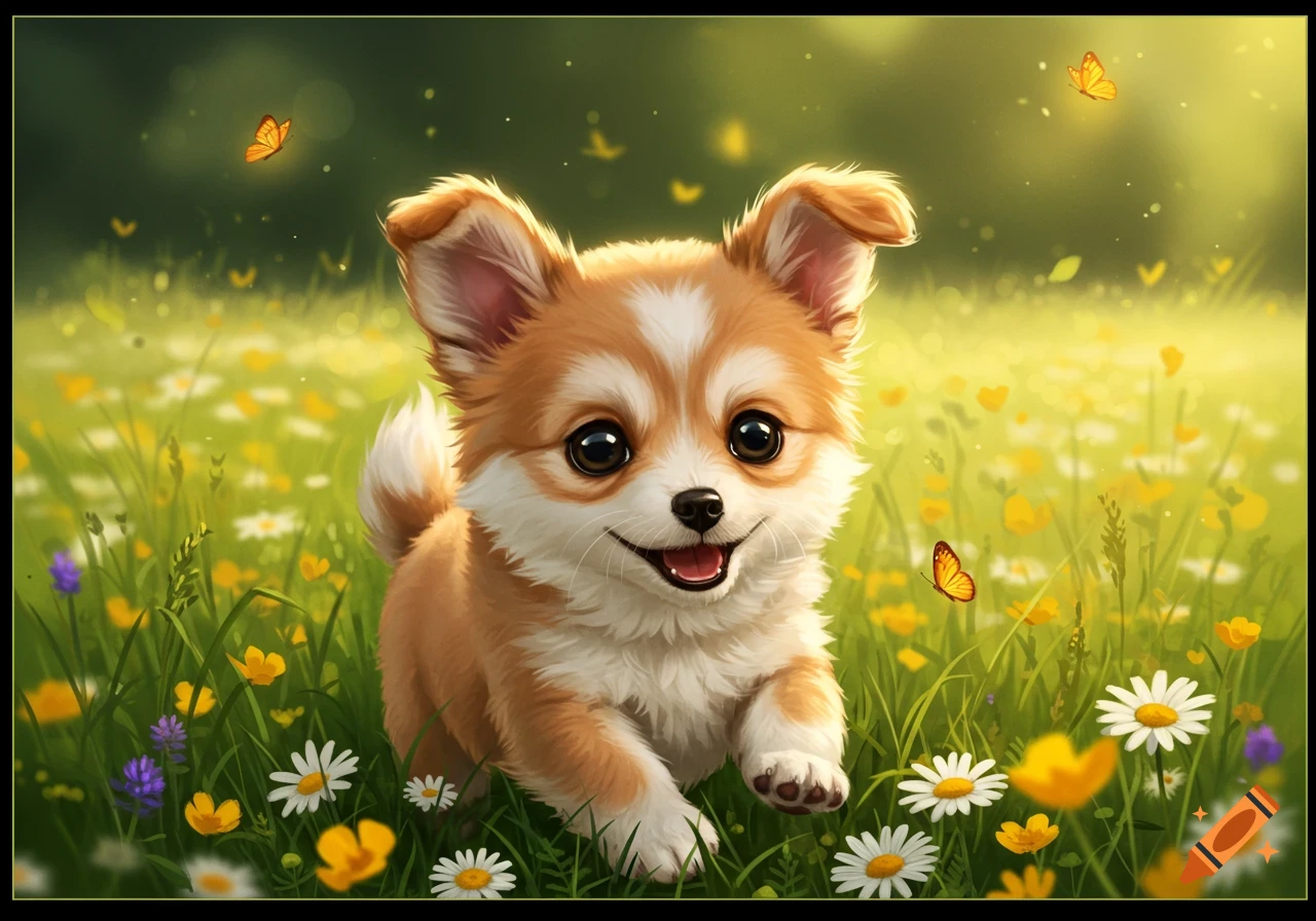 A fluffy, happy cartoon puppy runs through a bright field of white and yellow wildflowers with butterflies.