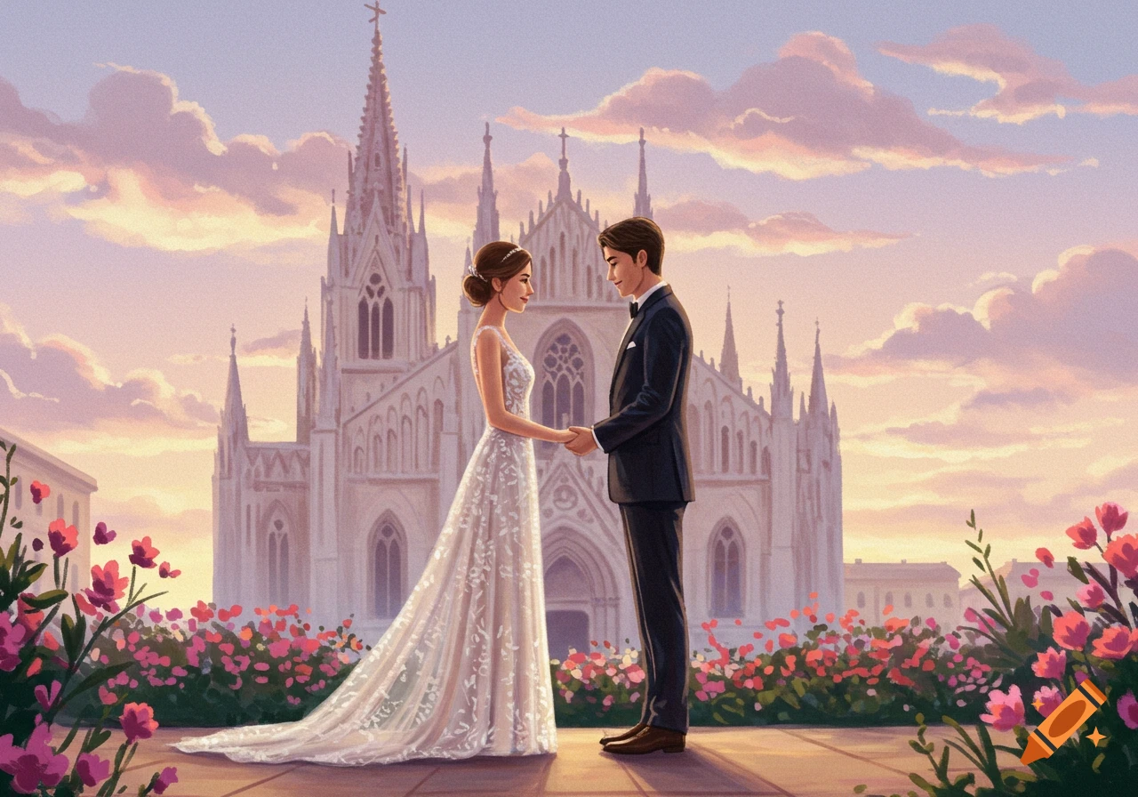 A pastel drawing of a wedding couple holding hands in front of a grand Gothic church, surrounded by pink flowers, under a sunset sky.
