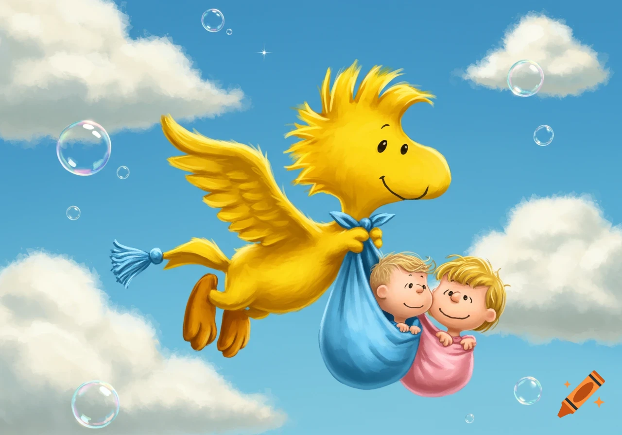 Woodstock, a yellow bird, flies through a blue sky with clouds and bubbles, carrying two babies wrapped in blankets.