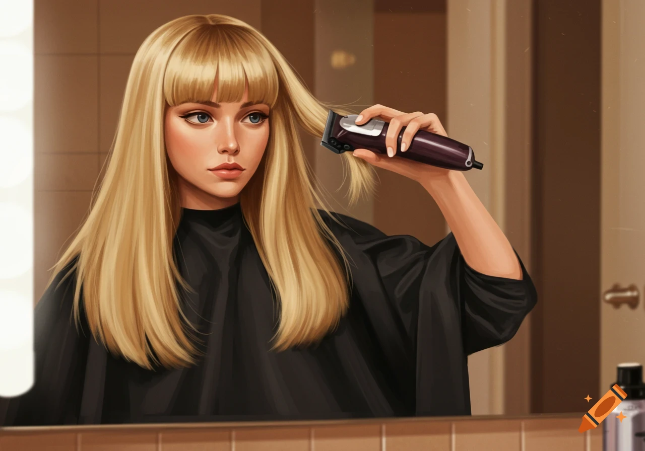 A confident young woman with long blonde hair, wearing a black smock, cutting her hair with an electric clipper in a bathroom mirror. Digital painting.