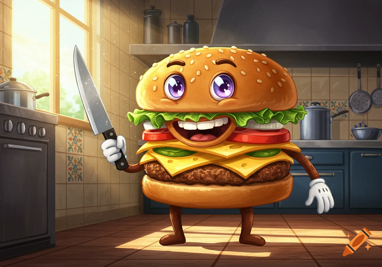 A cartoon burger with glowing eyes, wide smile, arms, and legs holds a kitchen knife in a sunny kitchen.