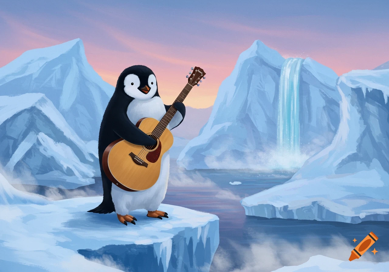 A cartoon penguin plays an acoustic guitar on an iceberg with a waterfall and mountains under a colorful sky.