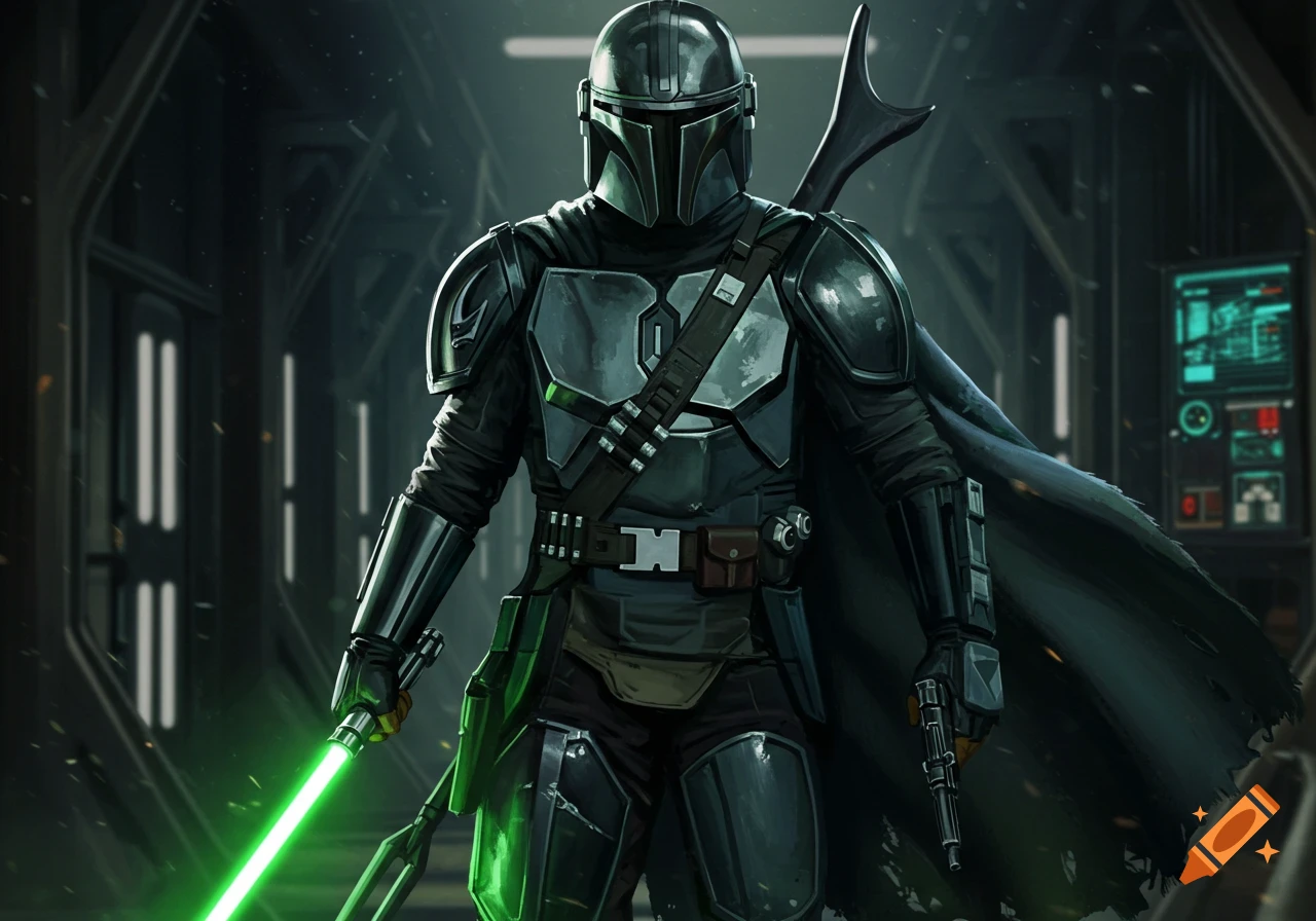 A Mandalorian in black and green armor stands in a sci-fi hallway, holding a glowing green lightsaber and a pistol.