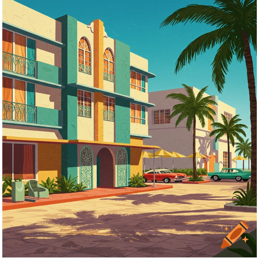 A colorful Art Deco hotel in Miami Beach with teal and yellow walls, palm trees, and classic cars parked on a sun-drenched street. Illustrative retro style.