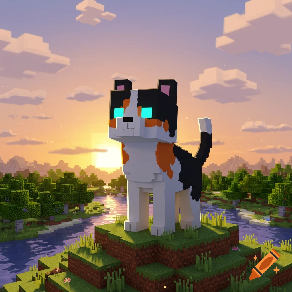 A Minecraft calico cat stands on a grassy block in a blocky landscape at sunset.
