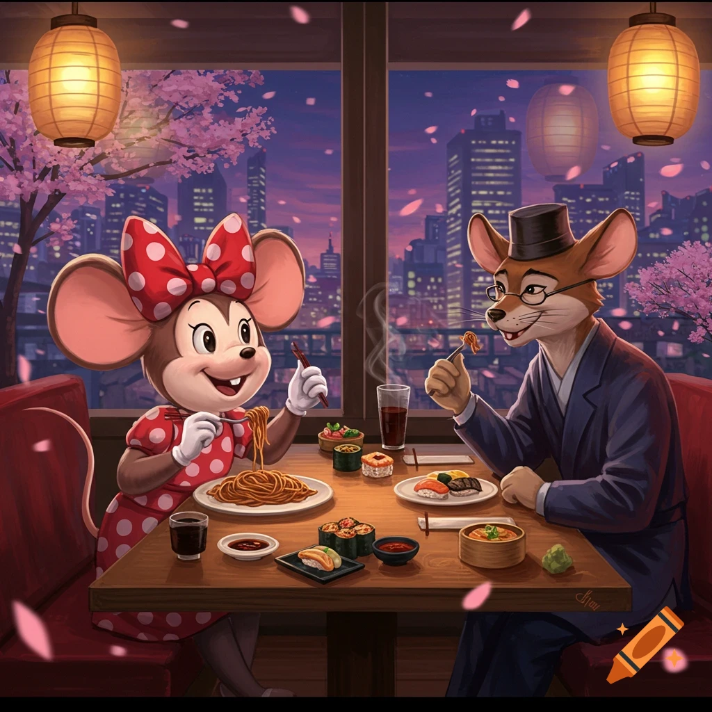 Cartoon: Minnie Mouse and a male mouse dine at a Japanese restaurant, eating spaghetti and sushi. City skyline and cherry blossoms.