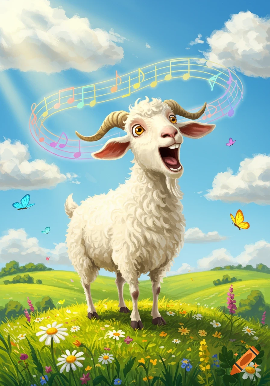 A happy white cartoon goat sings in a vibrant green meadow with wildflowers and butterflies under a blue sky, colorful musical notes float above its head.