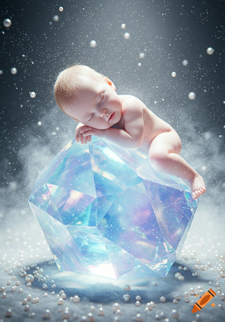 A sleeping baby lies on a large, shimmering blue crystal, surrounded by tiny pearls and sparkling particles in an ethereal setting.