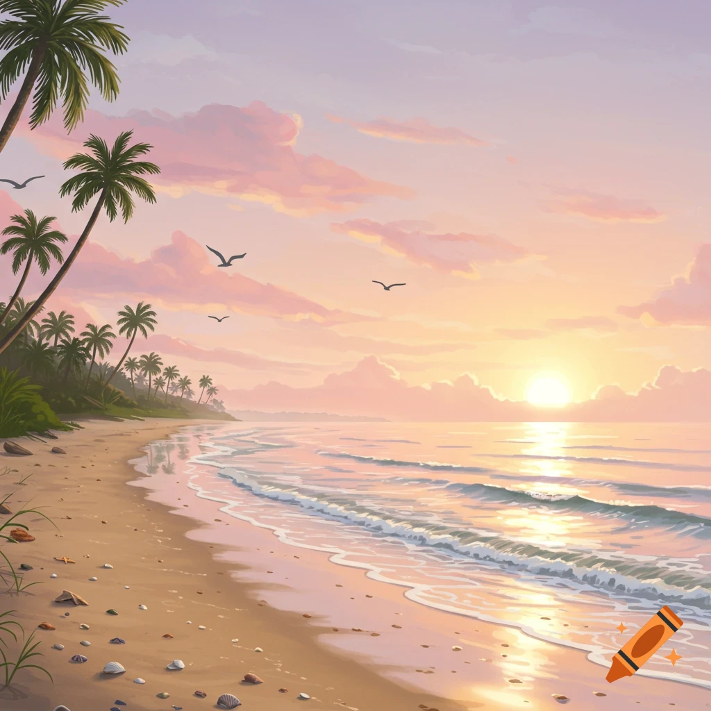 Stylized illustration of a tropical beach at sunset with palm trees, gentle waves, and a pink and orange sky.