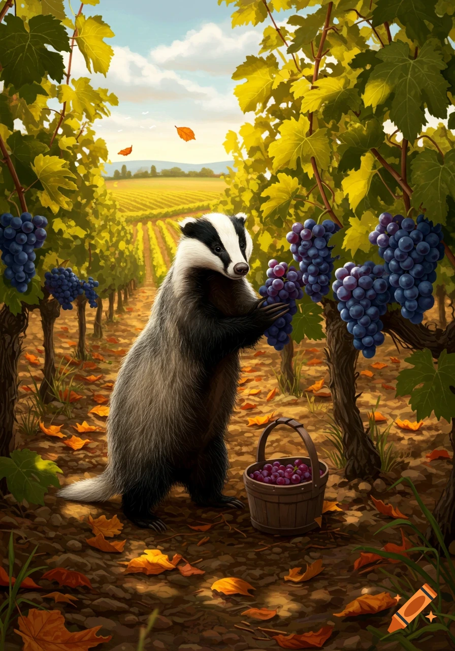 An illustrated badger stands in an autumn vineyard, holding a bunch of purple grapes with a basket of grapes nearby.