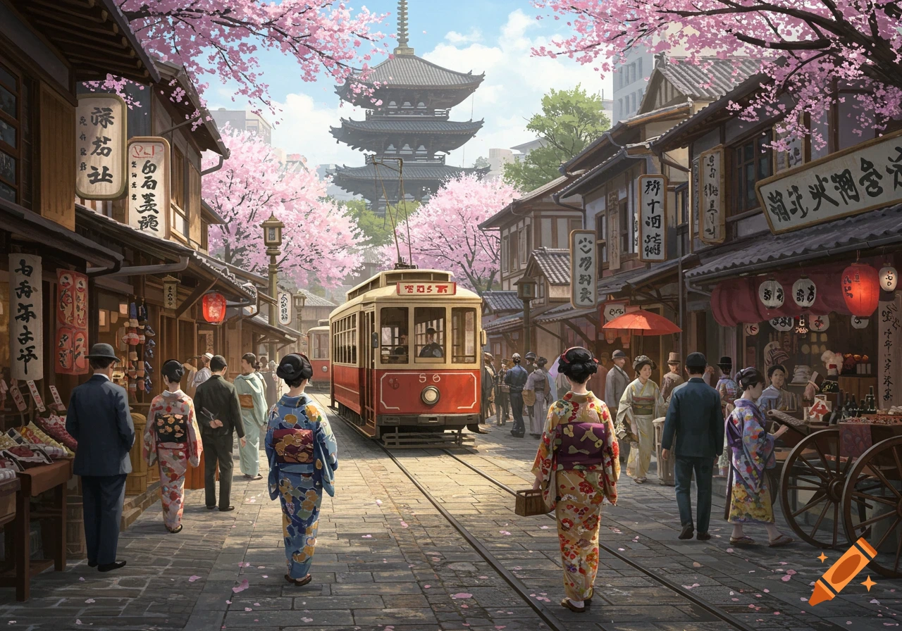 A bustling street in Meiji Era Tokyo, with trams on tracks, traditional Japanese architecture, cherry blossom trees, and people in kimonos and Western clothing.