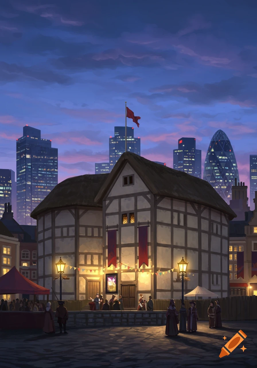 An illuminated Elizabethan-style theatre bustling with people at dusk, with modern skyscrapers in the background under a blue-pink sky.