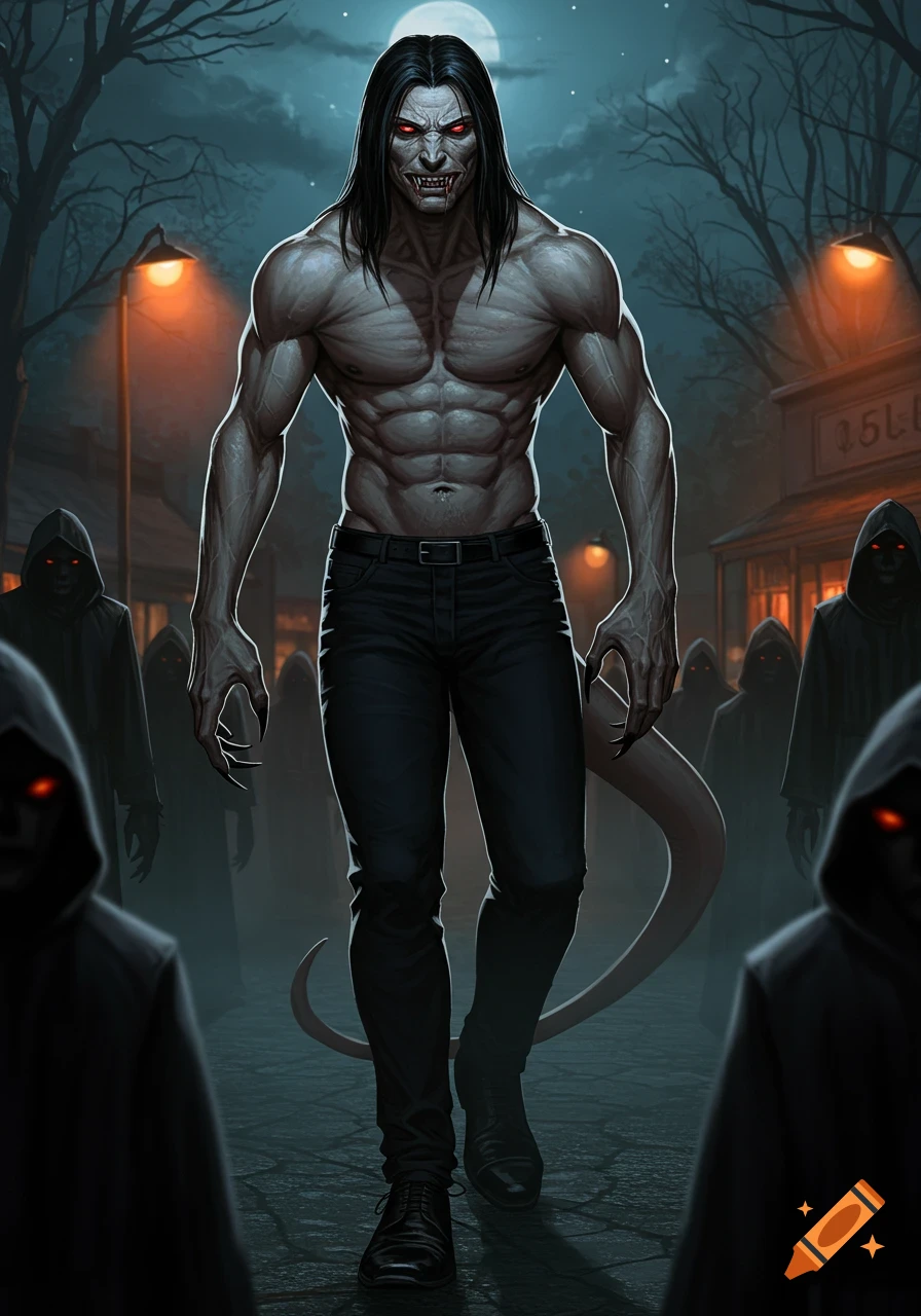 A muscular, pale-skinned reptilian humanoid with red eyes and fangs, shirtless with black jeans, walks through a dark town with hooded figures under a full moon.
