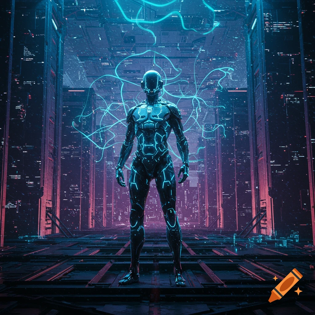 A dark futuristic robot with glowing blue lines stands in a cyberpunk city with neon lights and digital patterns.