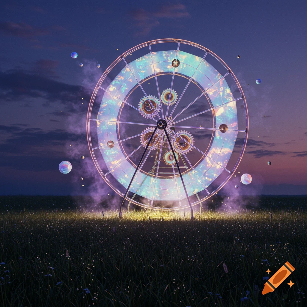 A glowing, steampunk-style Ferris wheel stands in a grassy field at dusk, with floating iridescent bubbles.