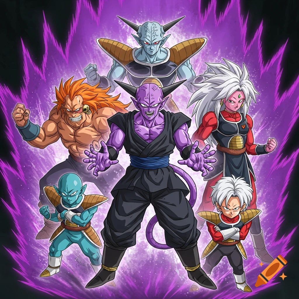 The Ginyu Force, a group of five colorful anime characters in signature poses, with a purple energy aura background.