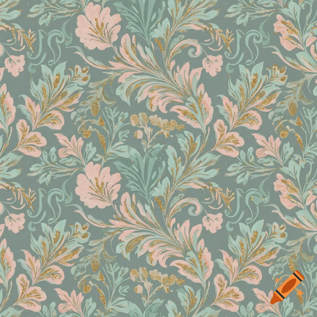 Repeating wallpaper pattern of pink and mint green floral motifs with gold glitter accents on a sage green background.